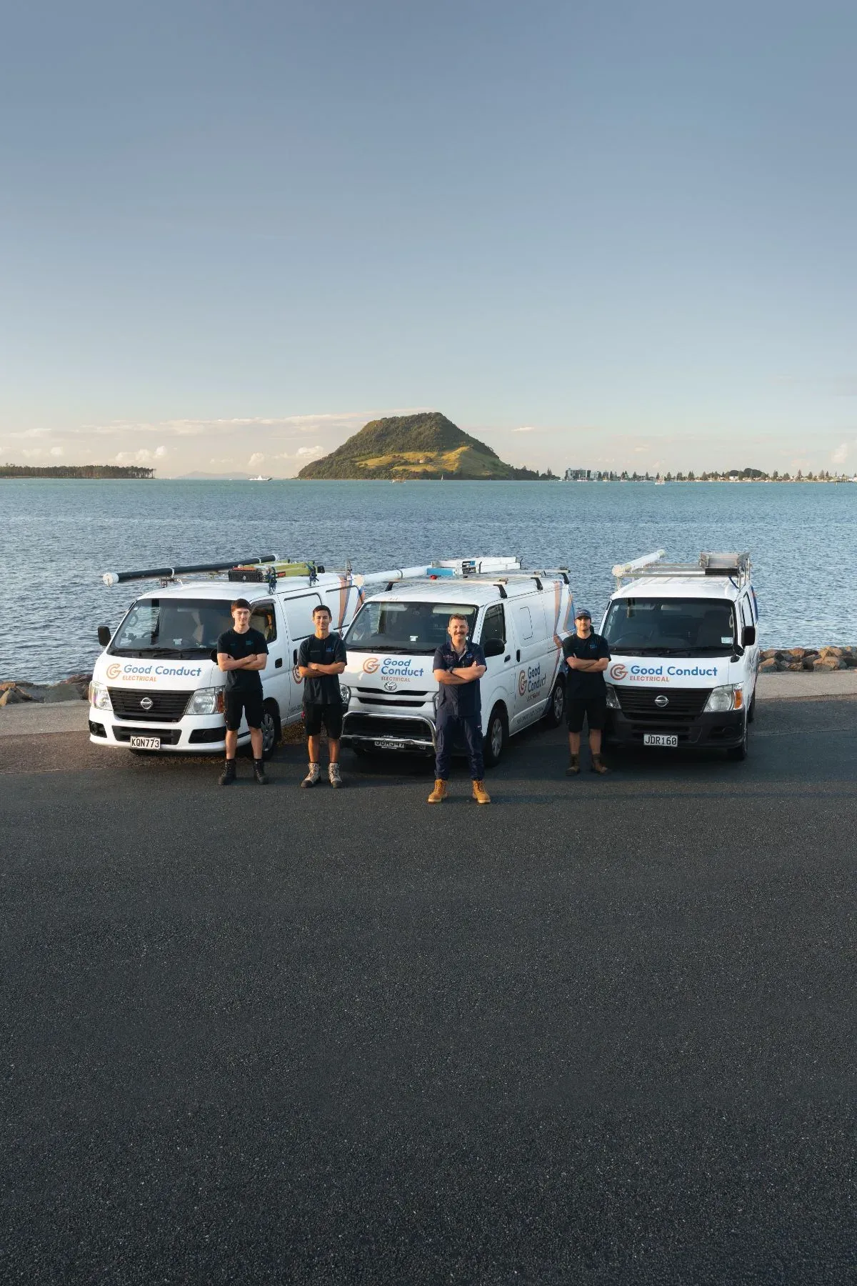 The Good Conduct team at Tauranga harbour with Mauao behind