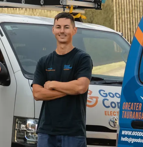 Jacob Crofskey, registered electrician, in front of a Good Conduct van