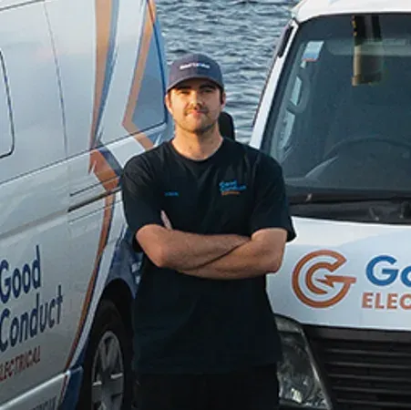 Isaac Archer, fourth-year apprentice, in front of a Good Conduct van